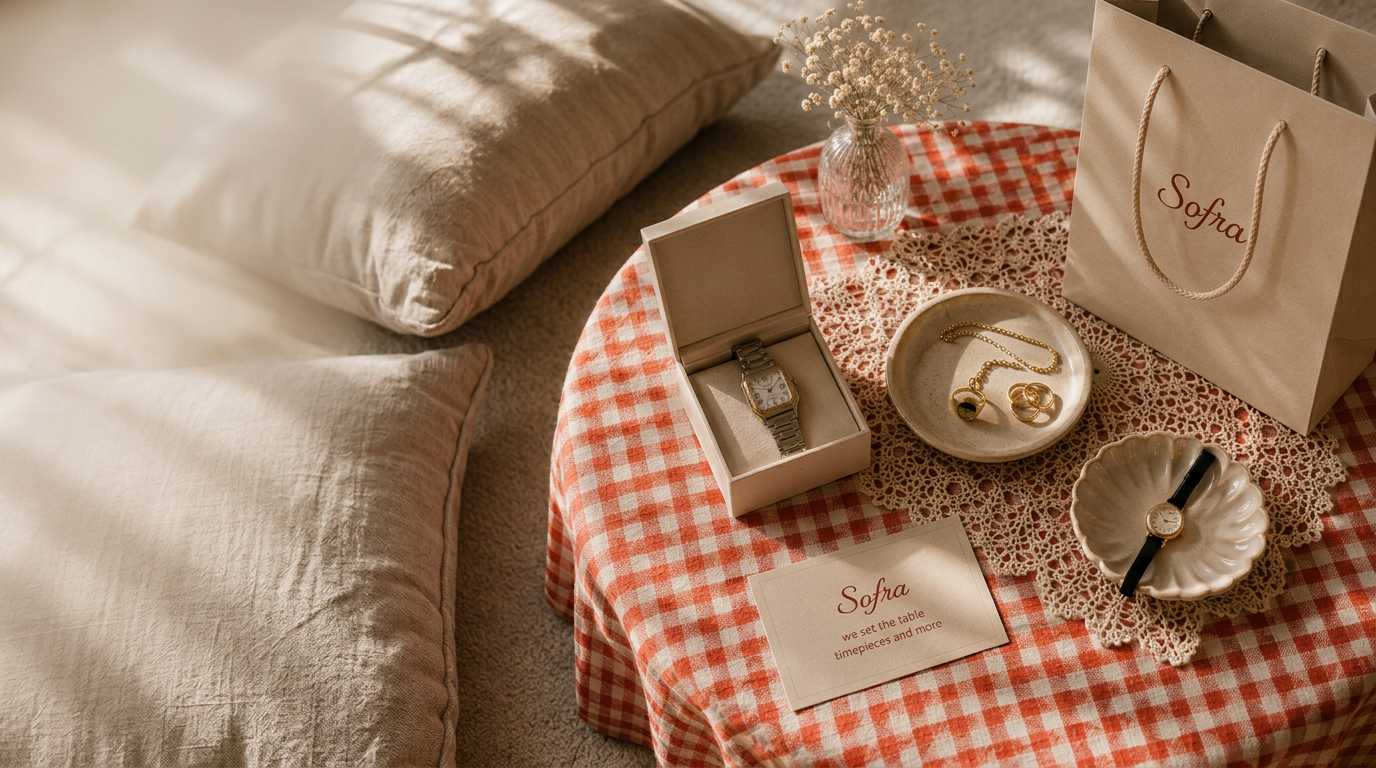 A low round table dressed in red gingham, set with a vintage watch in its box, gold jewellery on a ceramic dish and a Sofra paper bag.
